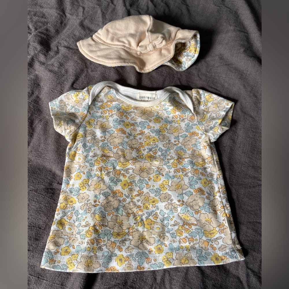 Rabbit+Bear 18m matching set shirt hat 100% cotton Organic baby toddler flowers